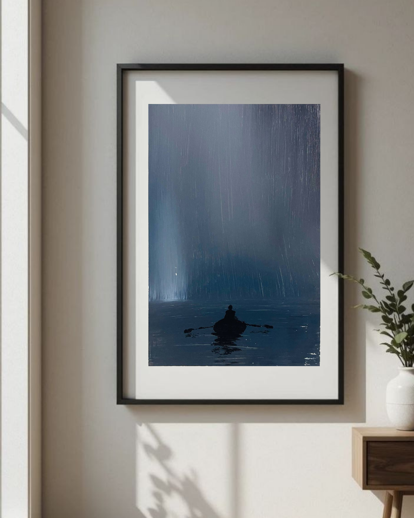 Moody Night Rowboat Matte Poster — Dark Rainy Ocean Wall Art Printify