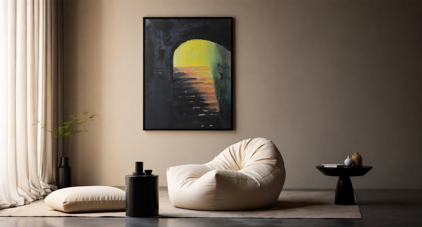Modern living room interior featuring a minimalist design with soft lighting, neutral tones, and the artwork “The Basement” displayed as a focal point on the wall
